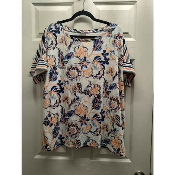 Chico's Size XL (3) Peach Blue Floral Striped Bateau Boat Neck Slub Cotton Tee - Picture 1 of 9